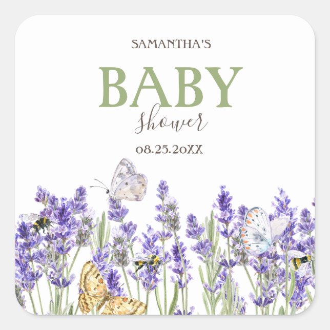 Sticker Carré Baby shower botanique des papillons Lavander (Devant)