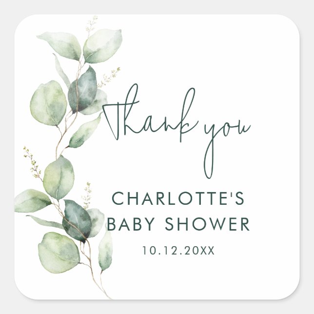 Sticker Carré Baby shower Botanique Eucalyptus (Devant)