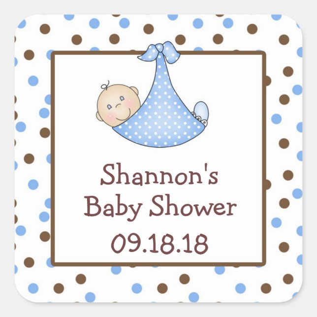 Sticker Carré Baby shower Brown bleu et chocolat Favoriser (Devant)
