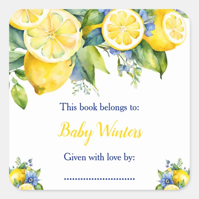 Sticker Carré Baby Shower Citron Méditerranéen (Devant)