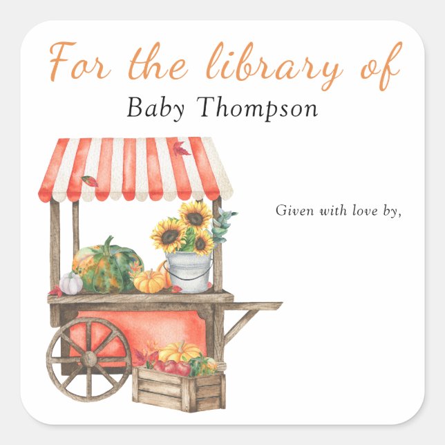 Sticker Carré baby shower citrouille - bibliothèque pour la bibl (Devant)
