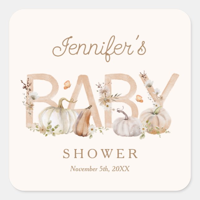 Sticker Carré Baby shower Citrouille Boho Fall (Devant)