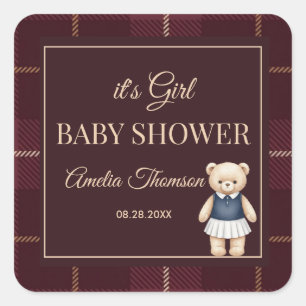 Sticker Carré Baby Shower Classique Ours en Peluche Polo Carreau