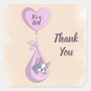 Sticker Carré Baby shower Coeur rose Chien-Chien-Chien mignon