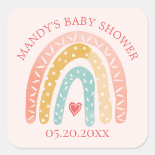 Sticker Carré Baby shower coloré Rainbow & Heart Girl