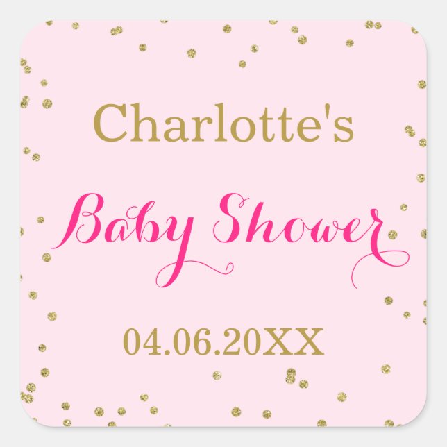 Sticker Carré Baby shower Confetti de Parties scintillant or ros (Devant)