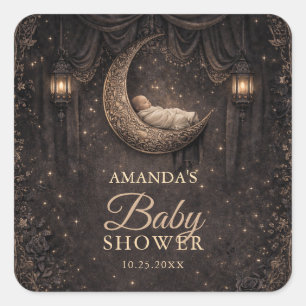 Sticker Carré Baby Shower Croissant de Lune Gothique Étoiles