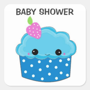 Sticker Carré Baby Shower Cupcake Bleu