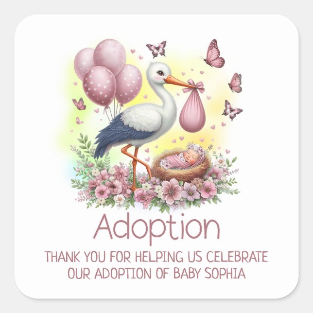 Sticker Carré Baby shower d'adoption de la fille de la cigogne r (Devant)