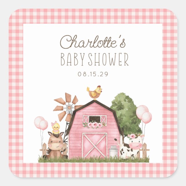 Sticker Carré Baby shower d'animaux de ferme à l'aquarelle (Devant)