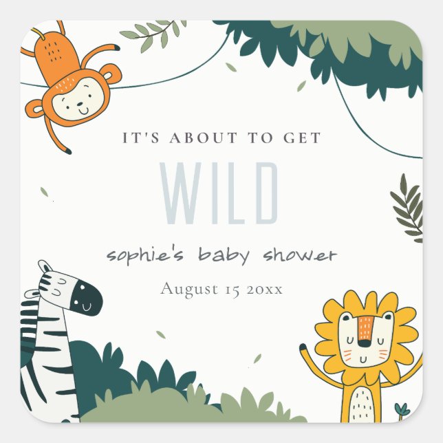 Sticker Carré Baby shower d'animaux de la jungle tropicale sauva (Devant)