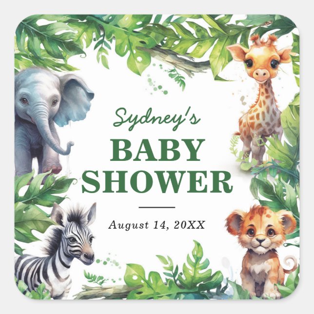 Sticker Carré Baby shower d'animaux tropicaux de la Jungle migno (Devant)