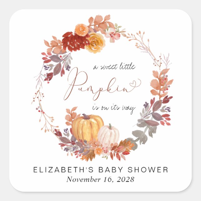 Sticker Carré Baby shower d'aquarelle Citrouille en terre cuite (Devant)
