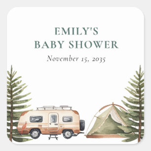 Sticker Carré Baby shower d'aquarelle de la forêt de camping