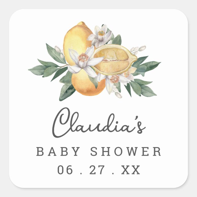 Sticker Carré Baby shower d'aquarelle florale Citrus Lemon (Devant)