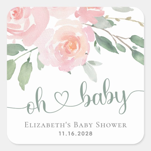 Sticker Carré Baby shower d'aquarelle rose fleuri (Devant)