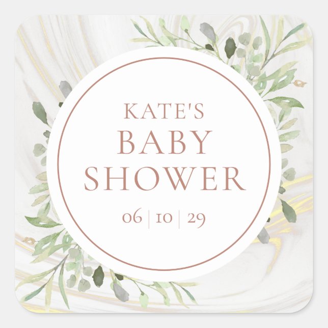 Sticker Carré Baby shower d'aquarelle rose Gold Greenery (Devant)