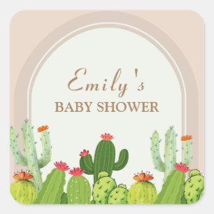 Sticker Carré Baby shower d'arche de Boho Cactus neutre par sexe