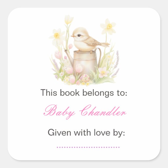 Sticker Carré Baby shower d'arrosage des oiseaux de printemps (Devant)
