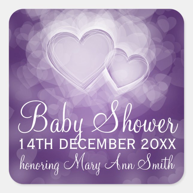 Sticker Carré Baby shower Date Moderne Coeurs pourpres (Devant)