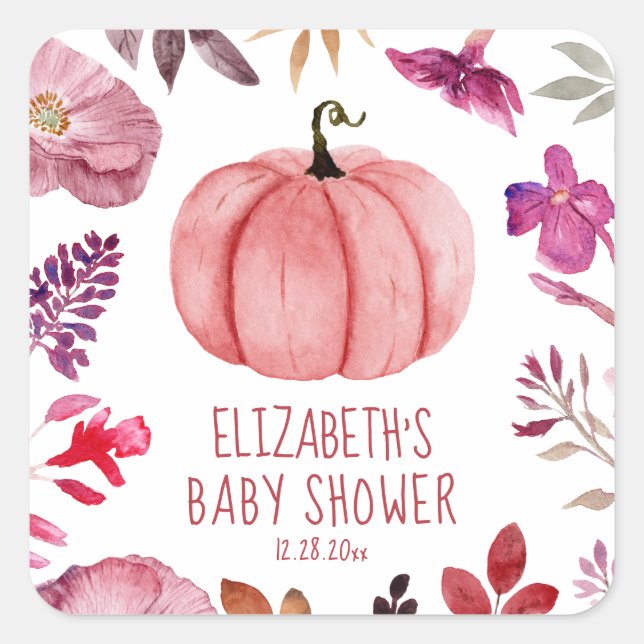 Sticker Carré Baby shower d'automne Citrouille rose floral (Devant)