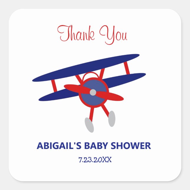 Sticker Carré Baby shower d'avion rouge et bleu (Devant)