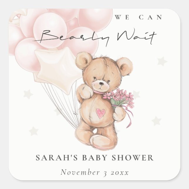 Sticker Carré Baby shower de ballon d'ours d'attente blanc mou (Devant)
