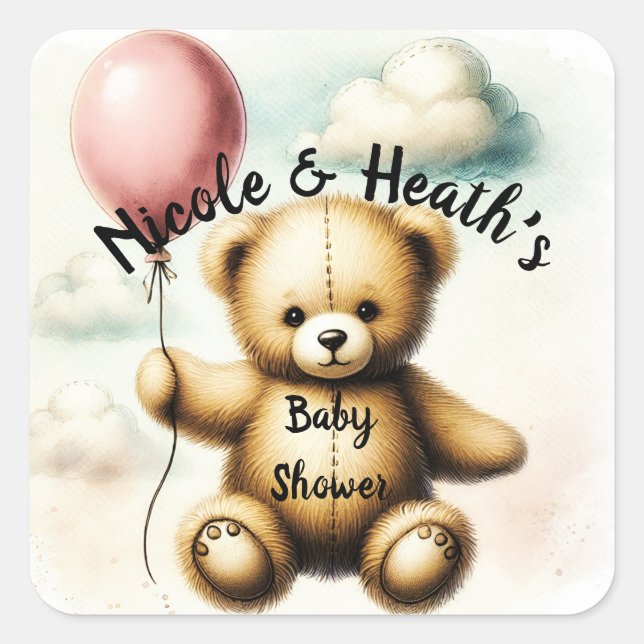Sticker Carré Baby shower de ballon rose ours en peluche (Devant)