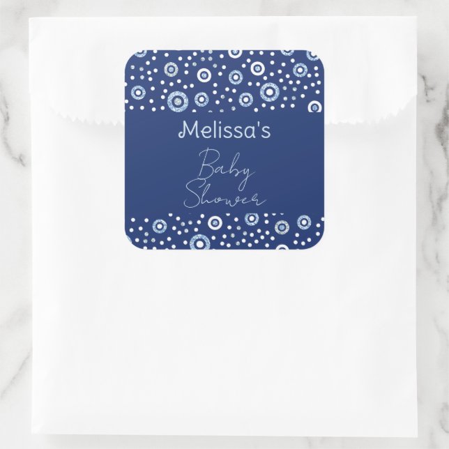 Sticker Carré Baby shower de cercles géométriques bleu doux (Sac)