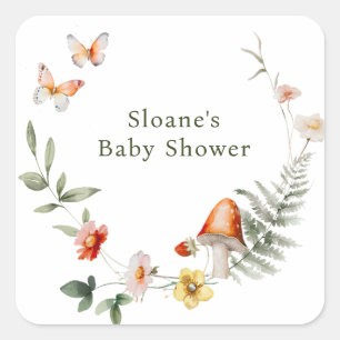 Sticker Carré Baby shower de champignons de forêt enchantés