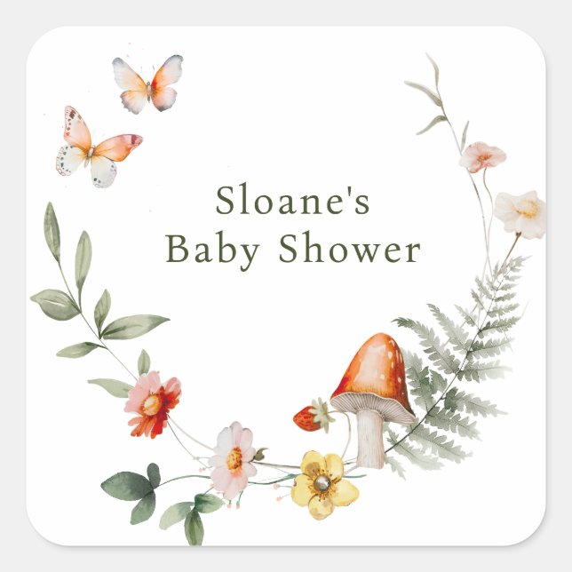 Sticker Carré Baby shower de champignons de forêt enchantés (Devant)