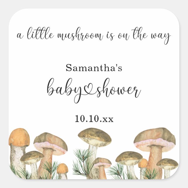 Sticker Carré Baby shower de champignons de la forêt d'aquarelle (Devant)