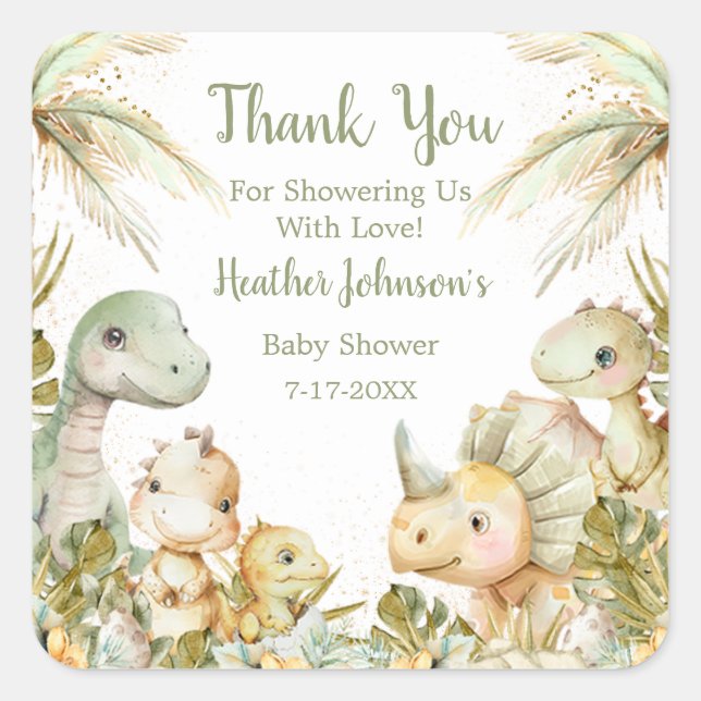 Sticker Carré Baby shower de dinosaures neutres de Boho (Devant)