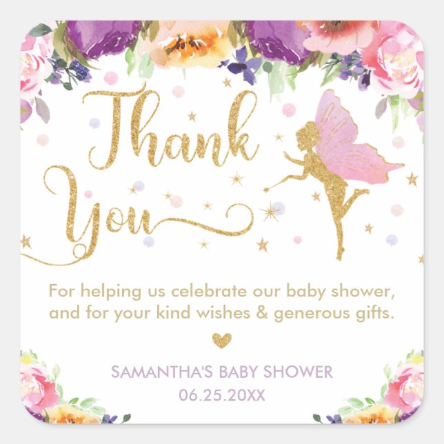 Sticker Carré Baby shower de fée violet Merci floral Favoriser (Devant)