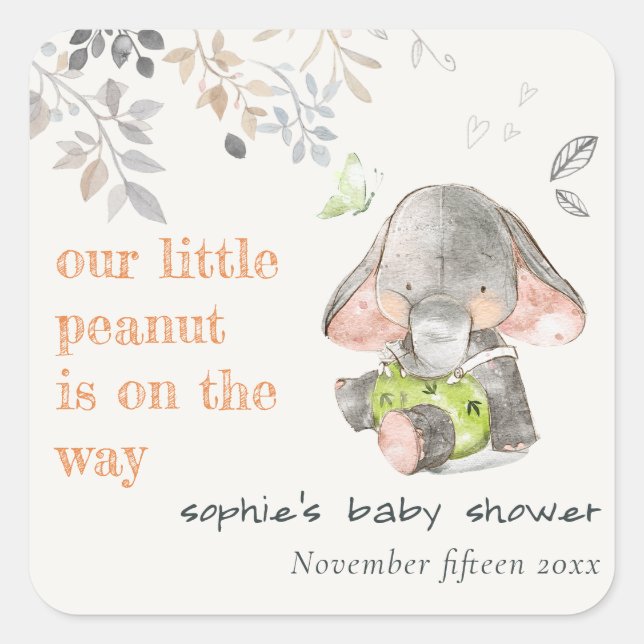 Sticker Carré Baby shower de feuillage d'éléphant de petite arac (Devant)