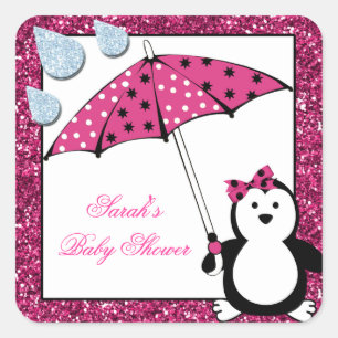 Sticker Carré Baby shower de fille de pingouin de griffonnage