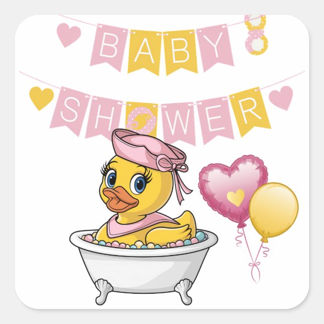 Sticker Carré Baby shower de filles en caoutchouc rose et jaune (Devant)