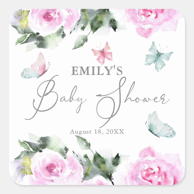 Sticker Carré Baby shower de fleurs de papillon mignonne (Devant)