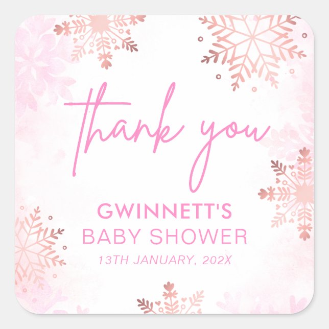 Sticker Carré Baby shower de flocons de neige rose (Devant)