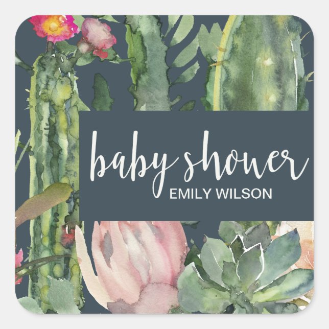 STICKER CARRÉ BABY SHOWER DE FOLIAGE CACTI ROY FLORAL DESERT (Devant)