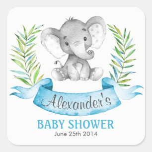 Sticker Carré Baby shower de garçon Elephant aquarelle
