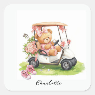 Sticker Carré Baby Shower de Golf Girl avec ours en peluche sur