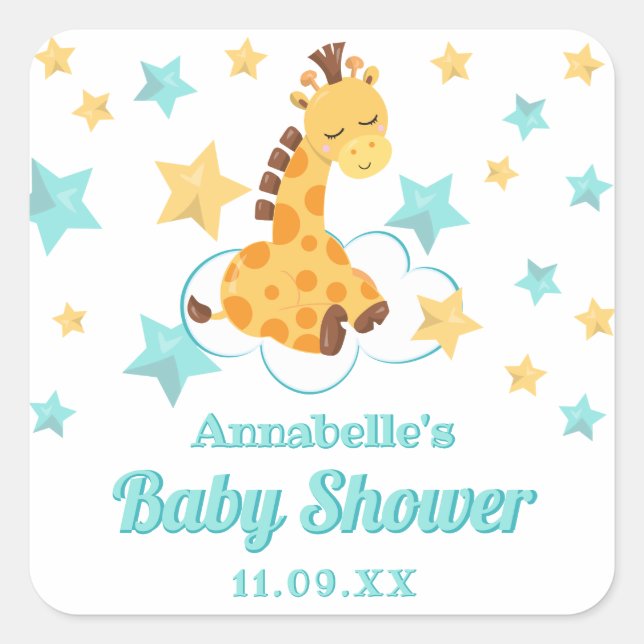 Sticker Carré Baby shower de la Giraffe et des Etoiles neutres (Devant)