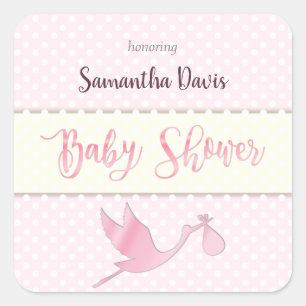 Sticker Carré Baby shower de la petite fille à la cigogne rose