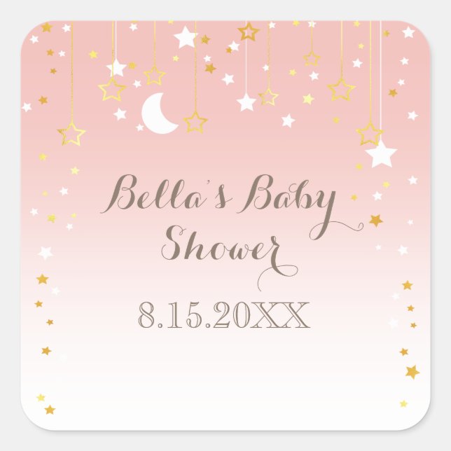 Sticker Carré Baby shower de lune aux étoiles roses (Devant)