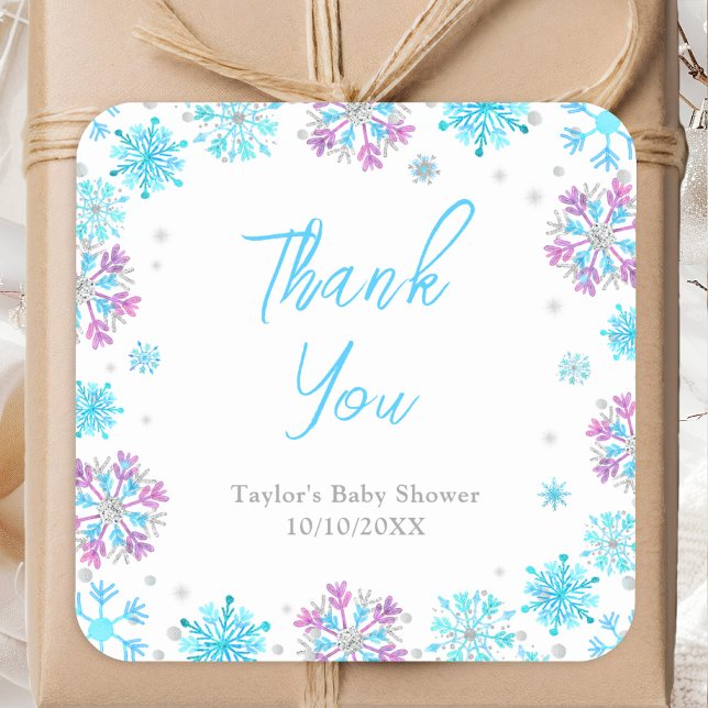 Sticker Carré Baby shower de Merci de flocons de neige violet et (Créateur téléchargé)