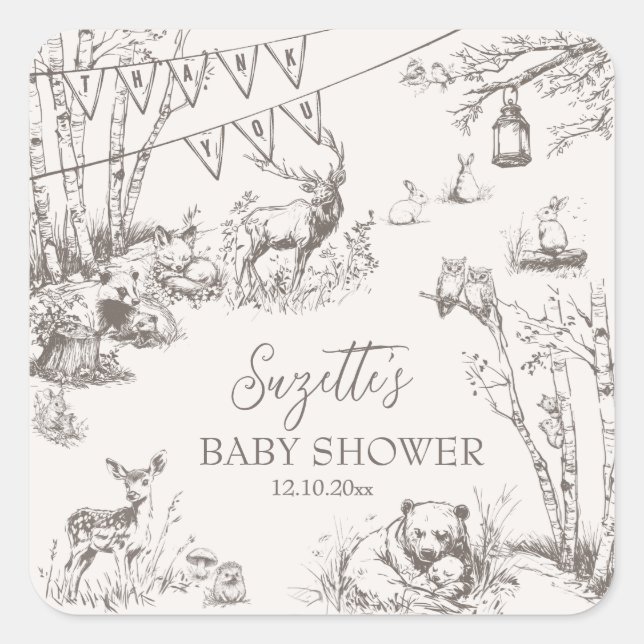 Sticker Carré Baby shower de Merci des animaux des bois (Devant)