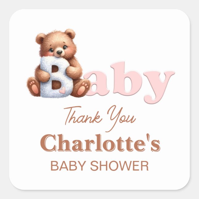 Sticker Carré Baby shower de Merci d'ours rose Teddy (Devant)