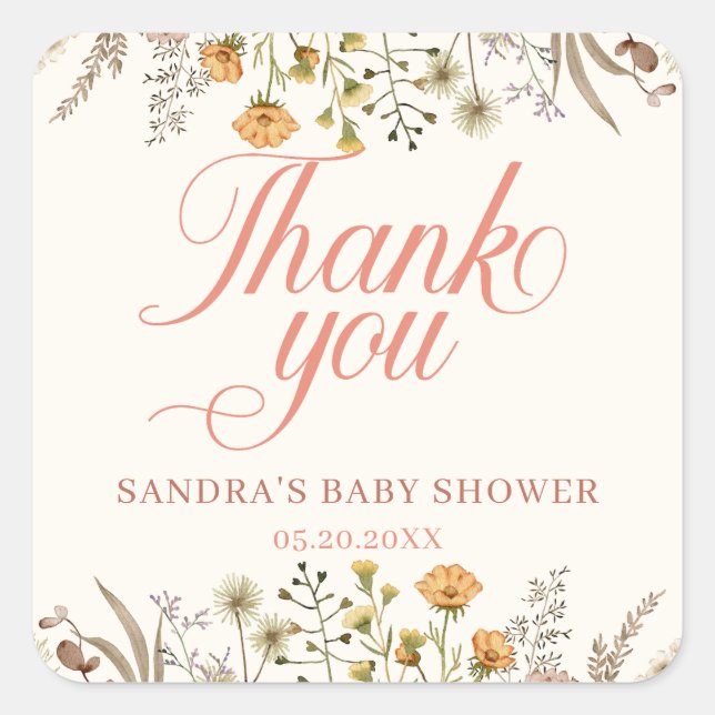 Sticker Carré Baby shower de Merci Fleur sauvage aquarelle (Devant)