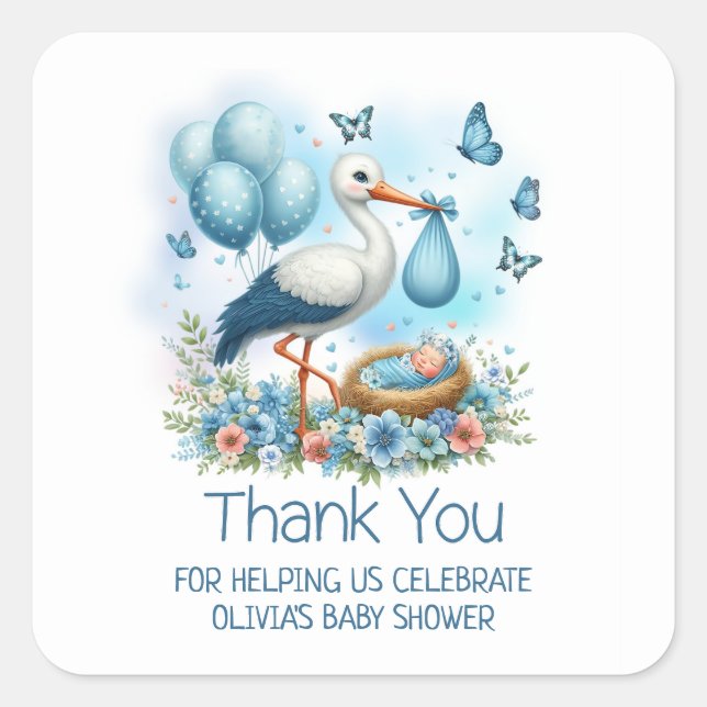 Sticker Carré Baby shower de Merci pour bébé Boule bleue (Devant)